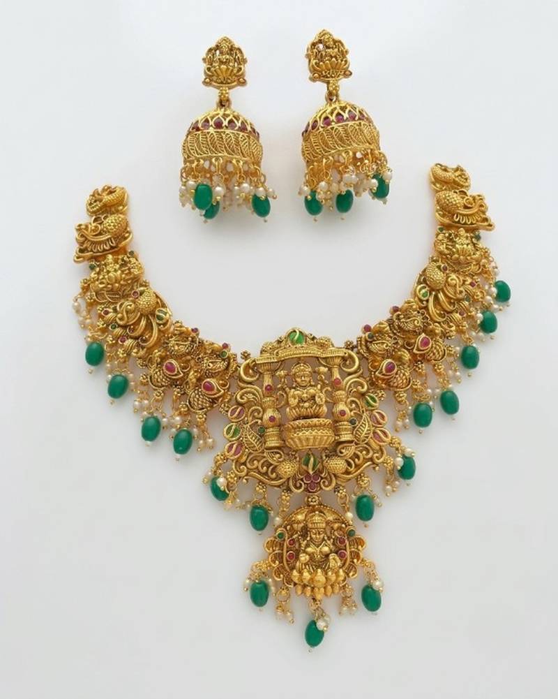 Gold temple jewelry set - south indian lakshmi necklace & jhumka earrings