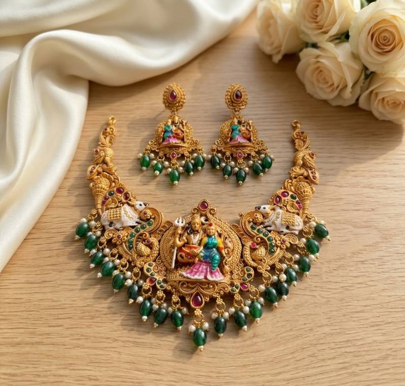 Antique gold south indian temple jewelry set: divine shiva parvati necklace with jhumkas for bridal & festive wear
