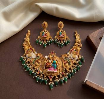 Antique gold south indian temple jewelry set: divine shiva parvati necklace with jhumkas for bridal & festive wear 2