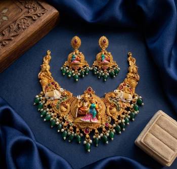 Antique gold south indian temple jewelry set: divine shiva parvati necklace with jhumkas for bridal & festive wear 3