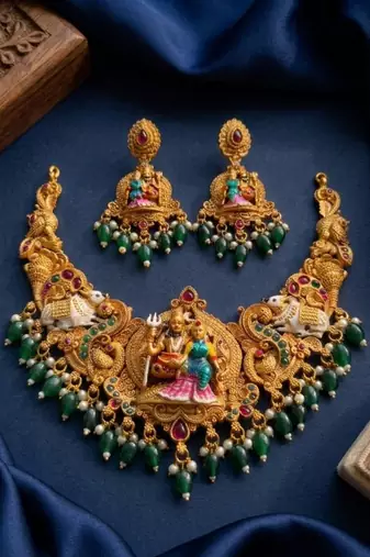 Antique gold south indian temple jewelry set: divine shiva parvati necklace with jhumkas for bridal & festive wear