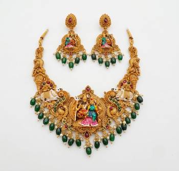 Antique gold south indian temple jewelry set: divine shiva parvati necklace with jhumkas for bridal & festive wear 4