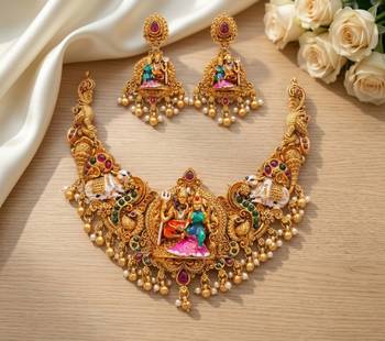 Antique gold south indian temple jewelry set: divine shiva parvati necklace with jhumkas for bridal & festive wear 1