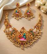 Antique gold south indian temple jewelry set: divine shiva parvati necklace with jhumkas for bridal & festive wear
