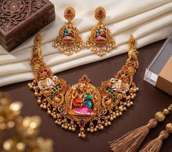 Antique gold south indian temple jewelry set: divine shiva parvati necklace with jhumkas for bridal & festive wear 2