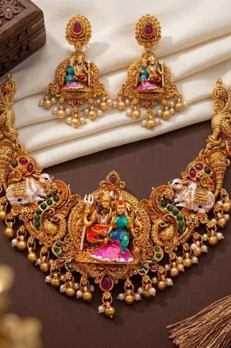 Antique gold south indian temple jewelry set: divine shiva parvati necklace with jhumkas for bridal & festive wear