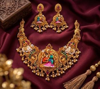 Antique gold south indian temple jewelry set: divine shiva parvati necklace with jhumkas for bridal & festive wear 3