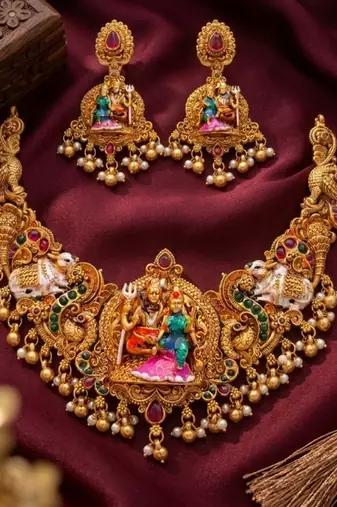 Antique gold south indian temple jewelry set: divine shiva parvati necklace with jhumkas for bridal & festive wear