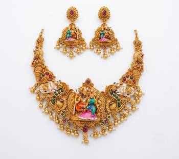 Antique gold south indian temple jewelry set: divine shiva parvati necklace with jhumkas for bridal & festive wear 4