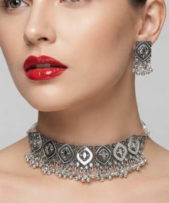 Oxidized silver mirror choker set, traditional ethnic indian jewelry for women, bollywood wedding & festival necklace 1