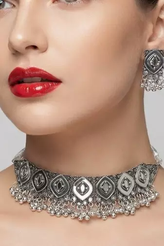 Oxidized silver mirror choker set, traditional ethnic indian jewelry for women, bollywood wedding & festival necklace