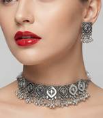 Oxidized silver mirror choker set, traditional ethnic indian jewelry for women, bollywood wedding & festival necklace