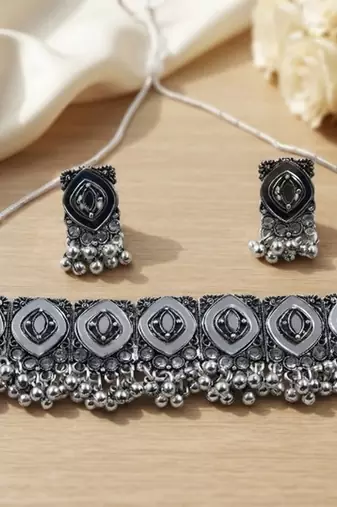Oxidized silver mirror choker set, traditional ethnic indian jewelry for women, bollywood wedding & festival necklace