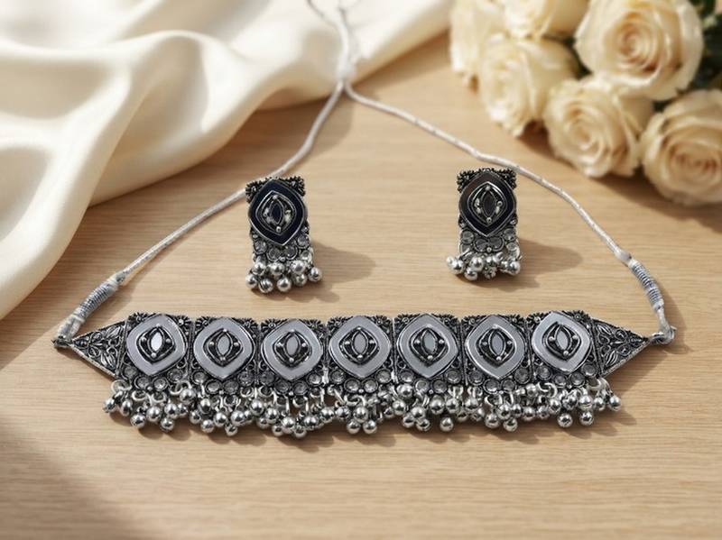 Oxidized silver mirror choker set, traditional ethnic indian jewelry for women, bollywood wedding & festival necklace