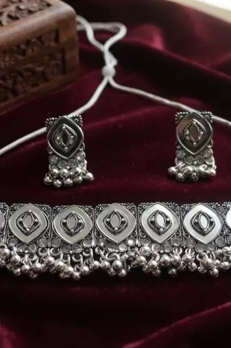 Oxidized silver mirror choker set, traditional ethnic indian jewelry for women, bollywood wedding & festival necklace