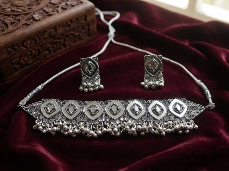 Oxidized silver mirror choker set, traditional ethnic indian jewelry for women, bollywood wedding & festival necklace