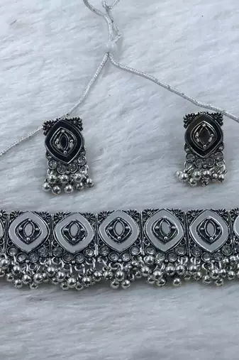 Oxidized silver mirror choker set, traditional ethnic indian jewelry for women, bollywood wedding & festival necklace