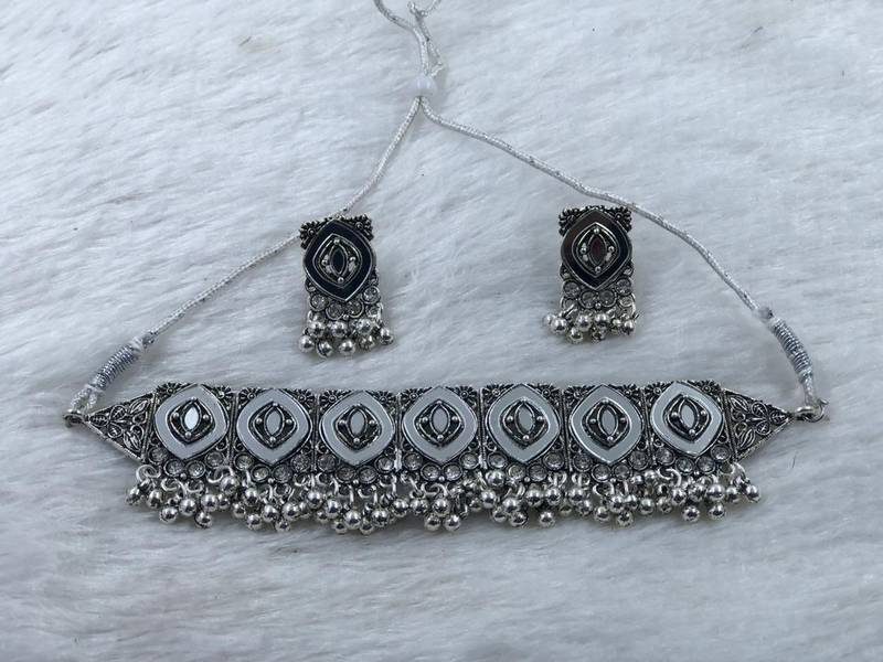 Oxidized silver mirror choker set, traditional ethnic indian jewelry for women, bollywood wedding & festival necklace