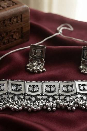 Oxidized silver mirror choker set, traditional ethnic indian jewelry for women, bollywood wedding & festival necklace