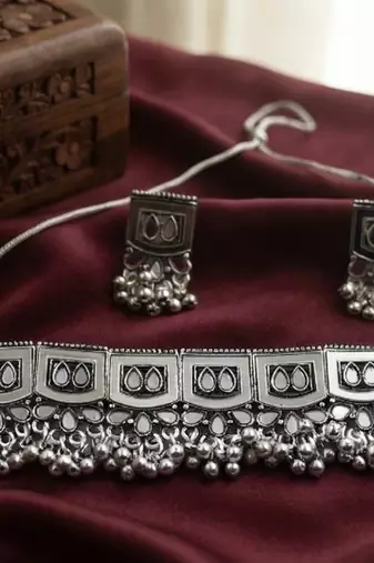 Oxidized silver mirror choker set, traditional ethnic indian jewelry for women, bollywood wedding & festival necklace