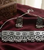 Oxidized silver mirror choker set, traditional ethnic indian jewelry for women, bollywood wedding & festival necklace