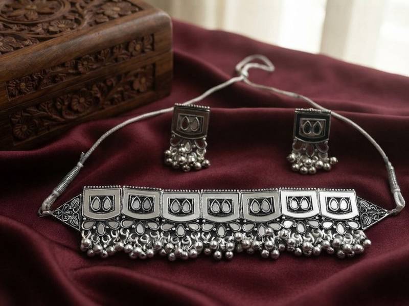 Oxidized silver mirror choker set, traditional ethnic indian jewelry for women, bollywood wedding & festival necklace