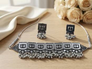Oxidized silver mirror choker set, traditional ethnic indian jewelry for women, bollywood wedding & festival necklace 2