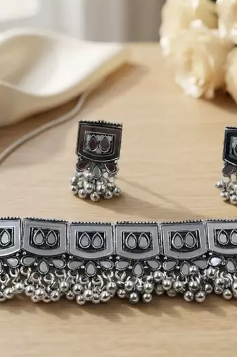 Oxidized silver mirror choker set, traditional ethnic indian jewelry for women, bollywood wedding & festival necklace