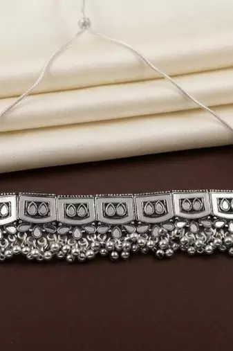 Oxidized silver mirror choker set, traditional ethnic indian jewelry for women, bollywood wedding & festival necklace