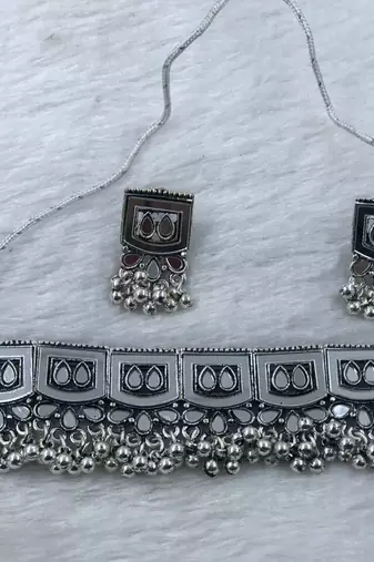 Oxidized silver mirror choker set, traditional ethnic indian jewelry for women, bollywood wedding & festival necklace