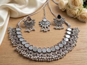 Oxidized silver mirror choker set, traditional ethnic indian jewelry for women, bollywood wedding & festival necklace 1