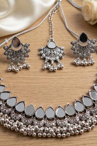 Oxidized silver mirror choker set, traditional ethnic indian jewelry for women, bollywood wedding & festival necklace
