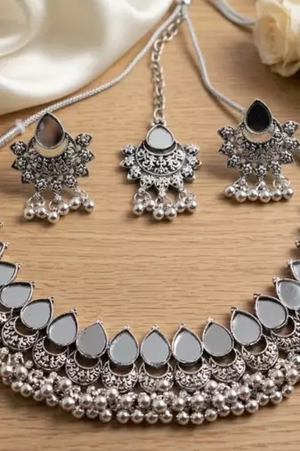 Oxidized silver mirror choker set, traditional ethnic indian jewelry for women, bollywood wedding & festival necklace