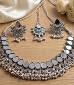 Oxidized silver mirror choker set, traditional ethnic indian jewelry for women, bollywood wedding & festival necklace