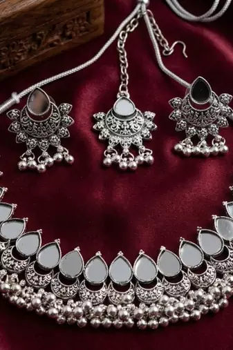 Oxidized silver mirror choker set, traditional ethnic indian jewelry for women, bollywood wedding & festival necklace