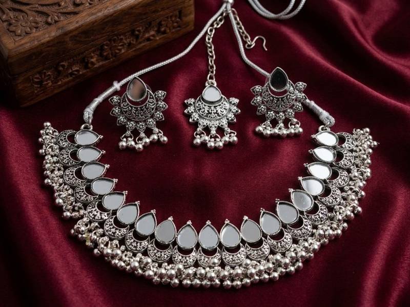 Oxidized silver mirror choker set, traditional ethnic indian jewelry for women, bollywood wedding & festival necklace