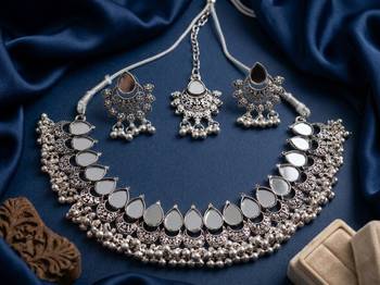 Oxidized silver mirror choker set, traditional ethnic indian jewelry for women, bollywood wedding & festival necklace 3