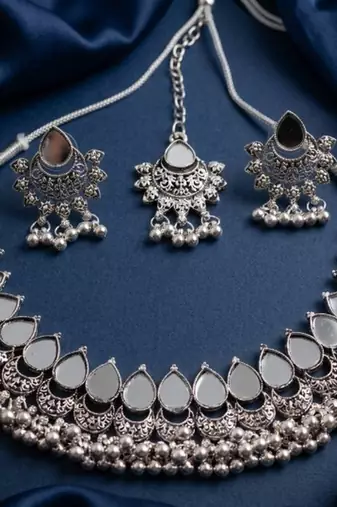 Oxidized silver mirror choker set, traditional ethnic indian jewelry for women, bollywood wedding & festival necklace