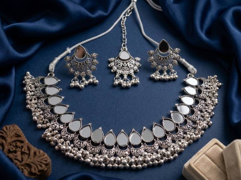 Oxidized silver mirror choker set, traditional ethnic indian jewelry for women, bollywood wedding & festival necklace