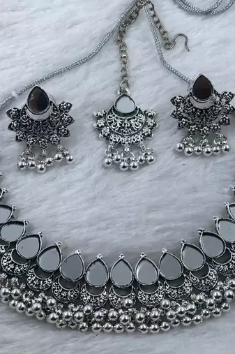 Oxidized silver mirror choker set, traditional ethnic indian jewelry for women, bollywood wedding & festival necklace