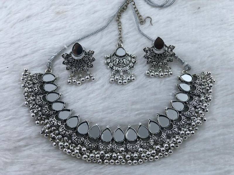 Oxidized silver mirror choker set, traditional ethnic indian jewelry for women, bollywood wedding & festival necklace