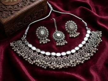Oxidized silver mirror choker set, traditional ethnic indian jewelry for women, bollywood wedding & festival necklace 1