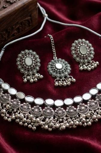 Oxidized silver mirror choker set, traditional ethnic indian jewelry for women, bollywood wedding & festival necklace