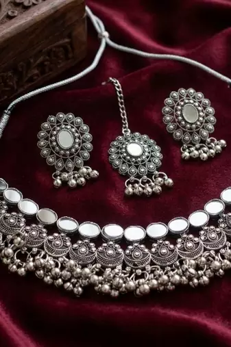 Oxidized silver mirror choker set, traditional ethnic indian jewelry for women, bollywood wedding & festival necklace