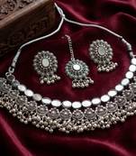 Oxidized silver mirror choker set, traditional ethnic indian jewelry for women, bollywood wedding & festival necklace