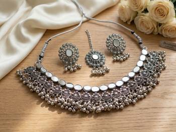 Oxidized silver mirror choker set, traditional ethnic indian jewelry for women, bollywood wedding & festival necklace 2