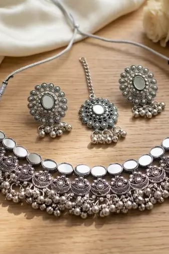 Oxidized silver mirror choker set, traditional ethnic indian jewelry for women, bollywood wedding & festival necklace