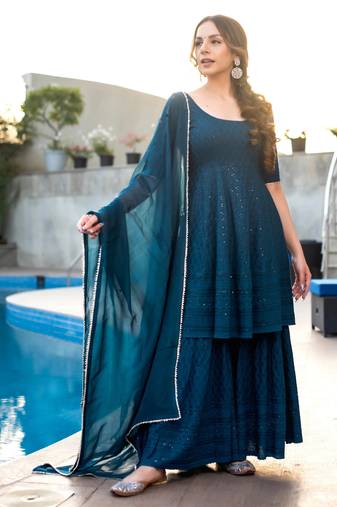 women's rayon geometric embroidered flared kurta sharara with dupatta