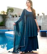 women's rayon geometric embroidered flared kurta sharara with dupatta