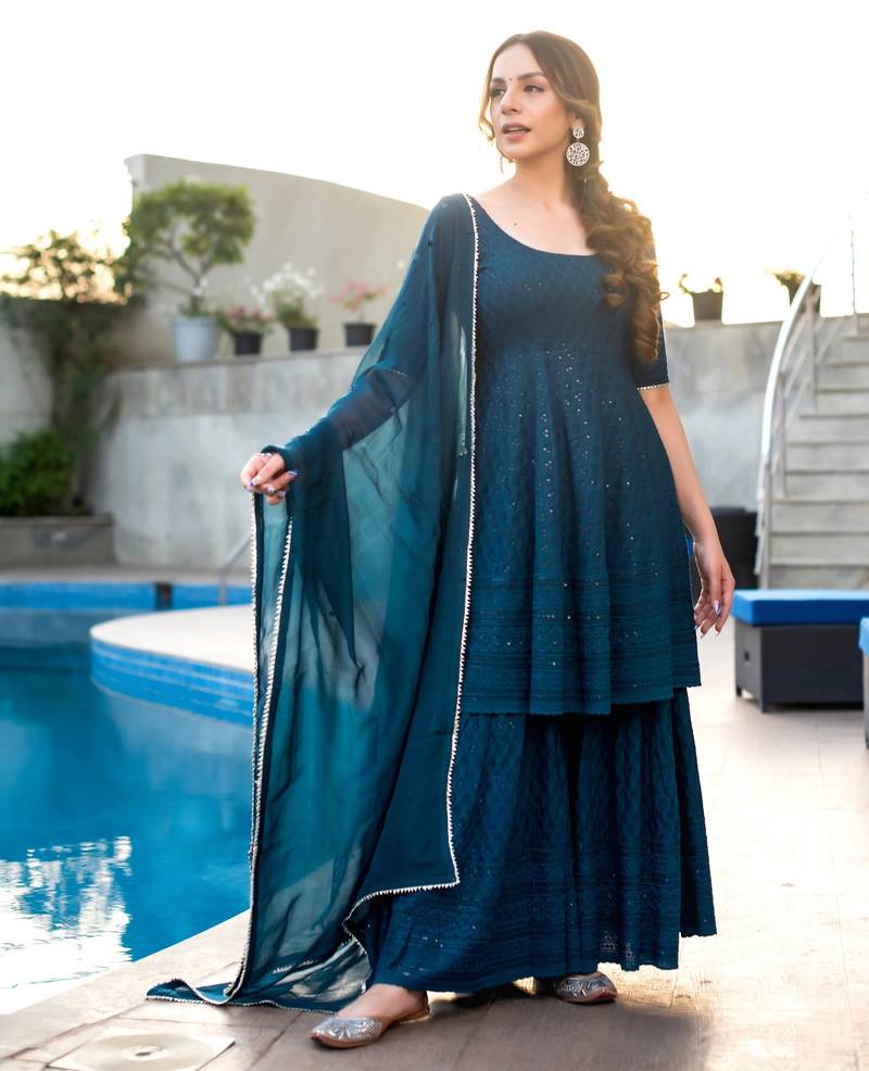 women's rayon geometric embroidered flared kurta sharara with dupatta